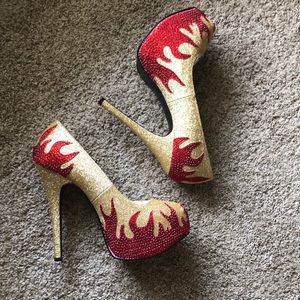 Platform rhinestone gold and red heels for pinup, cosplay